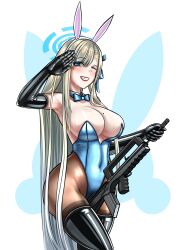 Rule 34 | 1girl, absurdres, animal ears, armpits, assault rifle, asuna (blue archive), blonde hair, blue archive, blue eyes, blush, bow, bowtie, breasts, bullpup, cleavage, covered navel, curvy, detached collar, elbow gloves, eyelashes, famas, gloves, gun, hair bow, halo, highres, holding, holding gun, holding weapon, large breasts, latex, leotard, lips, long hair, looking at viewer, machine gun, mole, mole on breast, neso neso, one eye closed, pantyhose, parted lips, playboy bunny, rabbit ears, rabbit symbol, rifle, salute, simple background, smile, sweat, very long hair, weapon, white background