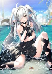 Rule 34 | 1girl, ahoge, arknights, armband, bare shoulders, black dress, black hair, blue sky, breasts, crab, crocodilian tail, day, dress, grey hair, hair over one eye, knee up, long hair, looking at viewer, multicolored hair, official alternate costume, open mouth, outdoors, pointy ears, shallow water, sitting, sky, sleeveless, sleeveless dress, small breasts, solo, streaked hair, sunlight, tail, tomimi (arknights), two-tone hair, water, water slide, yellow eyes, yuki kawachi