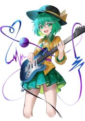 Rule 34 | 1girl, absurdres, adapted costume, ailu elf, bare legs, black hat, chinese commentary, collared shirt, commentary request, cropped legs, floral print, green eyes, green hair, green skirt, guitar, hat, hat ribbon, highres, holding, holding instrument, instrument, komeiji koishi, miniskirt, open mouth, pleated skirt, ribbon, shirt, short hair, simple background, skirt, smile, solo, thighs, third eye, touhou, white background, yellow ribbon, yellow shirt