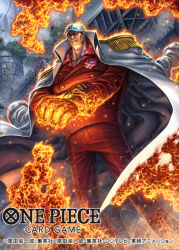 Rule 34 | 1boy, baseball cap, black hair, clenched hand, coat, coat on shoulders, commentary request, english text, epaulettes, formal, hat, lava, male focus, military uniform, official art, one piece, one piece card game, outdoors, sakazuki (akainu), short hair, solo, suit, tatsuya (atelier road), translation request, uniform
