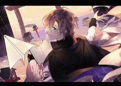 Rule 34 | absurdres, anno meiji, black cape, book, brown hair, cape, gradient sky, green eyes, hanging lantern, highres, holding, holding book, hypnosis mic, japanese clothes, long sleeves, looking at viewer, looking back, paper airplane, papers, ripples, sky, smile, standing, standing on liquid, yumeno gentaro