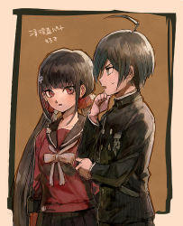 Rule 34 | 1boy, 1girl, ahoge, aoki (fumomo), black hair, black jacket, black pants, black skirt, blunt bangs, breasts, brown background, brown hair, buttons, cowboy shot, danganronpa (series), danganronpa v3: killing harmony, double-breasted, hair ornament, hair scrunchie, hairclip, hand on own chin, harukawa maki, jacket, long hair, long sleeves, looking at another, low twintails, medium breasts, mole, mole under eye, open mouth, pants, pleated skirt, profile, red eyes, red ribbon, red scrunchie, red shirt, ribbon, saihara shuichi, sailor collar, sailor shirt, school uniform, scrunchie, serafuku, shirt, short hair, skirt, standing, striped clothes, striped jacket, sweatdrop, talking, thinking, translation request, twintails, yellow eyes