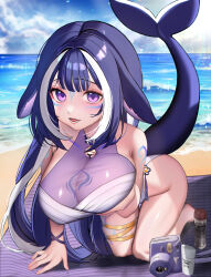 Rule 34 | absurdres, ahoge, animal ears, beach, bell, belt collar, black hair, blue collar, body markings, breasts, cetacean tail, cleavage, collar, facial mark, fins, fish tail, grabbing, grabbing another&#039;s breast, grabbing own breast, heart, heart ahoge, highres, indie virtual youtuber, jingle bell, large breasts, long hair, looking at viewer, multicolored hair, one-piece swimsuit, open mouth, orca girl, prim (prim 0104), purple eyes, sand, see-through, see-through cleavage, shylily, shylily (3rd costume), smile, solo, streaked hair, swimsuit, tail, thigh strap, virtual youtuber, water, white hair, white one-piece swimsuit