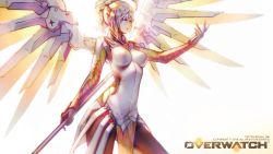Rule 34 | &#039;o&#039;ne, 1girl, backlighting, bad id, bad pixiv id, blonde hair, blue eyes, bodysuit, breasts, copyright name, cowboy shot, halo, high ponytail, highres, holding, holding staff, large breasts, long hair, mechanical halo, mechanical wings, mercy (overwatch), outstretched hand, overwatch, overwatch 1, pantyhose, ponytail, simple background, solo, spread wings, staff, wallpaper, white background, wings, yellow wings