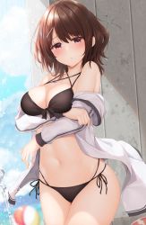 Rule 34 | 1girl, arm under breasts, ball, beach, beachball, bikini, blush, breasts, brown eyes, brown hair, closed mouth, cloud, collarbone, commentary request, day, hair ornament, hairclip, highres, jacket, looking at viewer, medium breasts, medium hair, minato ojitan, mountainous horizon, navel, ocean, open clothes, open jacket, original, outdoors, side-tie bikini bottom, sky, solo, standing, stomach, swimsuit, wall, wet, wet hair, white jacket, x hair ornament