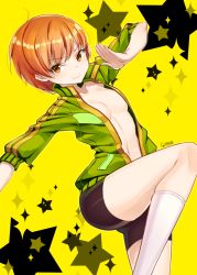 Rule 34 | 1girl, ahoge, bad id, bad pixiv id, black shorts, breasts, breasts apart, brown eyes, brown hair, cardigan, cleavage, from side, goyain, high collar, highres, kneehighs, looking at viewer, medium breasts, no bra, open cardigan, open clothes, outline, persona, persona 4, pocket, satonaka chie, short hair, short shorts, shorts, smile, socks, solo, sparkle, standing, standing on one leg, star (symbol), v-shaped eyebrows, weater, white socks, yellow background