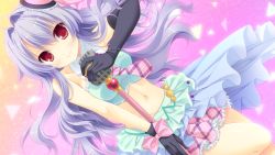 Rule 34 | 1girl, black gloves, blue hair, blush, bow, diana lanford, dress, elbow gloves, female focus, game cg, gloves, long hair, looking at viewer, magical dears, microphone stand, navel, red eyes, smile, solo