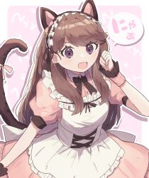 Rule 34 | 1girl, :d, animal ears, back bow, black bow, black bowtie, bow, bowtie, brown hair, cat ears, cat tail, dress, fujishima megumi, hairband, hand up, highres, link! like! love live!, lolita fashion, lolita hairband, long hair, love live!, open mouth, pink dress, puffy sleeves, purple eyes, short sleeves, sidelocks, simple background, smile, solo, tail, two side up, wotakana s, wrist cuffs
