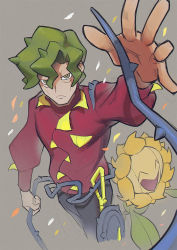 Rule 34 | 1boy, arm up, brassius (pokemon), closed mouth, commentary request, creatures (company), frown, game freak, gen 2 pokemon, green eyes, green hair, green pupils, grey background, hair between eyes, holding, jacket, long sleeves, looking at viewer, male focus, motojima hakka, nintendo, pants, plant, pokemon, pokemon (creature), pokemon sv, ringed eyes, short hair, sunflora, vines, whip