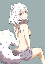 Rule 34 | 1girl, absurdres, animal ears, ass, back, backless dress, backless outfit, bare back, bare shoulders, blush, breasts, butt crack, dress, female focus, fox ears, fox girl, fox tail, from behind, grey dress, grey eyes, grey sweater, halterneck, highres, looking at viewer, looking back, medium breasts, medium hair, meme attire, minerva, minerva (junu98), naked sweater, no bra, no panties, original, ribbed sweater, sideboob, simple background, sitting, sleeveless, sleeveless turtleneck, smile, solo, sweater, sweater dress, tail, turtleneck, turtleneck sweater, twisted neck, virgin killer sweater, white background, white hair
