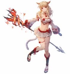 Rule 34 | 1girl, animal ears, bare shoulders, blonde hair, bow, breasts, cat ears, cat girl, cat tail, choker, cleavage, closed mouth, collarbone, crop top, detached sleeves, facial mark, final fantasy, final fantasy xiv, full body, highres, holding, holding staff, khj, leg up, long hair, looking at viewer, magic, medium breasts, midriff, miniskirt, miqo&#039;te, navel, pleated skirt, red bow, red eyes, sandals, simple background, skirt, smile, solo, staff, standing, standing on one leg, stomach, tail, tassel, thighs, warrior of light (ff14), white background, white skirt, wide sleeves