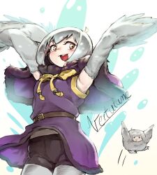 Rule 34 | 1girl, ahoge, armpits, artist name, belt, bird legs, black shorts, blush, borrowed character, capelet, commentary, dress, english commentary, feathered wings, grey feathers, grey hair, grey wings, harpy, looking at viewer, medium hair, midriff peek, mono (sifserf), monster girl, open mouth, original, owl girl, purple dress, shorts, shorts under dress, teeth, upper teeth only, vertutame, white background, winged arms, wings, yellow eyes