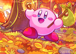 Rule 34 | :d, acorn, arms up, artist name, autumn, autumn leaves, bindle, blue eyes, blush, blush stickers, commentary request, dated, day, forest, grass, holding, holding acorn, kirby, kirby (series), kumaoka pon, leaf, maple leaf, nature, nintendo, no humans, open mouth, outdoors, pixiv id, plant, rock, smile, solo, sparkling eyes, tree, twitter username, vines, watermark