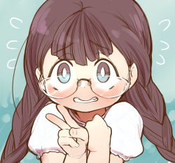 Rule 34 | 1girl, blue background, blush, braid, brown hair, child, clenched hand, clenched teeth, glasses, hand up, long hair, looking at viewer, short sleeves, simple background, solo, teeth, tokedase! mizorechan, touko (imokennpioishii), twin braids, upper body, v, yakumo (tokedase! mizorechan)