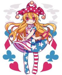 Rule 34 | 1girl, :&gt;, alternate legwear, american flag dress, american flag legwear, blonde hair, blush, clownpiece, clubs, collar, diamond (shape), fire, frilled collar, frilled shirt collar, frills, hat, heart, jester cap, long hair, looking at viewer, minamiya mia, polka dot, red eyes, simple background, solo, spade, standing, striped clothes, striped thighhighs, thighhighs, torch, touhou, v, very long hair, white background