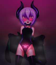 Rule 34 | 1girl, :3, absurdres, black one-piece swimsuit, blush, breasts, cameltoe, competition swimsuit, covered erect nipples, covered navel, demon girl, demon horns, demon tail, entenca, glowing, glowing eyes, glowing tattoo, gluteal fold, heart, heart-shaped pupils, heart tattoo, highleg, highleg swimsuit, highres, horns, looking at viewer, medium breasts, multicolored clothes, multicolored swimsuit, naughty face, one-piece swimsuit, open mouth, original, pubic tattoo, purple hair, red eyes, shiny clothes, sweat, swimsuit, symbol-shaped pupils, tail, tattoo, thighhighs, thighs