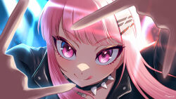 1girl \m/ black_jacket blurry blurry_foreground closed_mouth collar commentary dreamoon-q english_commentary hair_ornament hairclip highres hololive hololive_english jacket long_hair looking_at_viewer mori_calliope pink_eyes pink_hair smile solo spiked_collar spikes tongue tongue_out virtual_youtuber