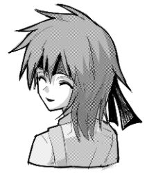 Rule 34 | 1other, androgynous, atoymk, closed eyes, facing viewer, greyscale, headband, kurohebi, len&#039;en, lowres, medium hair, monochrome, open mouth, other focus, portrait, screentones, shirt, simple background, smile, solo, white background