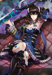 Rule 34 | 1girl, absurdres, armpits, black hair, blonde hair, bloodstained: ritual of the night, blue eyes, breast tattoo, breasts, cleavage, corset, couch, gradient hair, hair between eyes, highres, holding, holding sword, holding weapon, horn ornament, horns, imari, leg tattoo, medium breasts, miriam (bloodstained), multicolored hair, sitting, solo, sword, tagme, tattoo, weapon