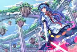 Rule 34 | 1girl, blue hair, blue sky, blush, cloud, day, elbow gloves, floating rock, floating rocks, food, fruit, gloves, glowing, glowing sword, glowing weapon, hat, hinanawi tenshi, koxo-01, long hair, open mouth, peach, pillar, pink eyes, puffy sleeves, shirt, short sleeves, skirt, sky, solo, sword of hisou, touhou, very long hair, weapon, white gloves