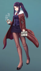 Rule 34 | 1girl, absurdres, aqua background, bartender, beer can, black footwear, breasts, brown coat, brown pantyhose, can, choker, cigarette, closed mouth, coat, commentary, drink can, fine fabric emphasis, full body, fur-trimmed collar, fur trim, high heels, highres, holding, holding can, holding cigarette, jill stingray, light smile, long hair, long sleeves, looking at viewer, mixed-language commentary, necktie, pantyhose, purple hair, purple skirt, purple vest, red eyes, red necktie, shirt, silvertsuki, skirt, small breasts, smoke, solo, standing, swept bangs, twintails, va-11 hall-a, vest, white shirt
