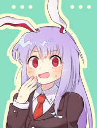 Rule 34 | ..., 1girl, animal ears, breast pocket, brown jacket, collared shirt, commentary request, covering own mouth, ear down, fingernails, green background, hand over own mouth, hand up, jacket, light purple hair, long hair, long sleeves, looking at viewer, necktie, nervous sweating, open mouth, outline, pocket, rabbit ears, rabbit girl, red eyes, red necktie, reisen udongein inaba, ringed eyes, sasa kichi, shirt, solo, sweat, sweatdrop, touhou, unaligned ears, upper body, white shirt, wide-eyed, wing collar, yellow outline