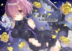 Rule 34 | 1girl, armor, armored dress, black gloves, black leotard, blush, breasts, closed mouth, clothing cutout, copyright name, dutch angle, elbow gloves, fate/grand order, fate (series), flower, fou (fate), gloves, hair over one eye, kyou hotaru, large breasts, leotard, looking at viewer, mash kyrielight, navel, navel cutout, petals, purple eyes, purple hair, shield, short hair, smile, solo, twitter username, yellow flower