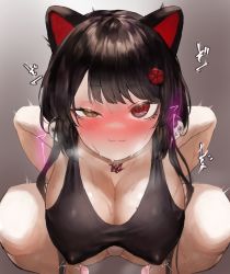 Rule 34 | 1girl, absurdres, animal ears, arms behind back, black hair, black shirt, blush, breasts, cleavage, closed mouth, covered erect nipples, dog ears, hair ornament, heterochromia, highres, inui toko, kuroi suna, large breasts, leaning forward, long hair, looking at viewer, nijisanji, nose blush, panties, red eyes, shirt, solo, squatting, sweat, tank top, underwear, uneven eyes, virtual youtuber, white panties, yellow eyes