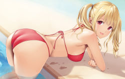 Rule 34 | 1girl, :d, all fours, ass, bare arms, bare shoulders, bikini, blonde hair, breasts, from behind, from side, hair tie, halterneck, highres, long hair, looking at viewer, looking to the side, medium breasts, n.g., open mouth, original, pool, poolside, red bikini, red eyes, red ribbon, ribbon, sideboob, sidelocks, smile, solo, string bikini, swimsuit, thighs, twintails, water