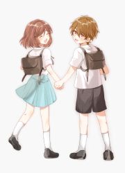 Rule 34 | 1boy, 1girl, :d, aged down, backpack, bag, black footwear, blue skirt, brown eyes, brown hair, brown shorts, closed eyes, full body, grey background, h haluhalu415, highres, holding hands, looking at another, looking at viewer, looking back, luke pearce (tears of themis), open mouth, rosa (tears of themis), school uniform, shirt, shoes, short sleeves, shorts, simple background, skirt, smile, socks, tears of themis, white shirt, white socks
