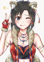 Rule 34 | 1girl, ;p, antenna hair, armlet, black eyes, black hair, breasts, cleavage, collarbone, crop top, fingerless gloves, fur-trimmed gloves, fur trim, gloves, grey background, hair between eyes, highres, idolmaster, idolmaster (classic), jewelry, kikuchi makoto, looking at viewer, mogskg, necklace, one eye closed, red gloves, short hair, small breasts, solo, tongue, tongue out, upper body, w