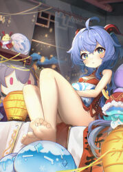 Rule 34 | 1girl, :o, absurdres, aerial fireworks, aged down, ahoge, amiemie117, bare legs, bare shoulders, barefoot, blue eyes, blue hair, blush, breasts, character doll, china dress, chinese clothes, cleavage cutout, clothing cutout, cloud, crossed bangs, curtains, dress, feet, fireworks, fungi (genshin impact), ganyu (genshin impact), genshin impact, gold trim, hair between eyes, highres, horns, indoors, lantern, lattice, long hair, looking at viewer, mandarin collar, night, night sky, orb, paper lantern, parted lips, qilin (mythology), red dress, red horns, red rope, rope, shelf, sidelocks, sitting, sky, sleeveless, sleeveless dress, slime (genshin impact), small breasts, soles, stuffed animal, stuffed toy, toes, very long hair, window