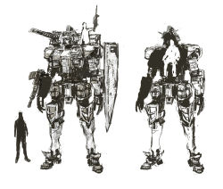 Rule 34 | greyscale, gun, gundam, holding, holding gun, holding weapon, looking ahead, mecha, mobile suit gundam, monochrome, multiple views, otsu (outsunaruse), redesign, robot, rx-78-2, shield, shoulder cannon, size comparison, sketch, standing, v-fin, weapon, white background, x-ray vision