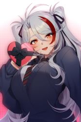 Rule 34 | 1girl, alternate costume, azur lane, black ribbon, blue cardigan, box, breasts, cardigan, gift, gift box, gradient background, grey hair, hair ribbon, heart-shaped box, highres, holding, holding gift, large breasts, long hair, looking at viewer, maitei roppa, multicolored hair, necktie, open mouth, orange eyes, prinz eugen (azur lane), red hair, ribbon, school uniform, shirt, simple background, solo, striped necktie, two-tone hair, white shirt, wing collar