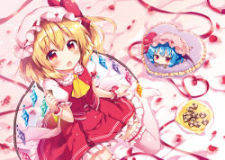 Rule 34 | 2girls, blonde hair, blue hair, blush, bridal garter, chibi, cookie, flandre scarlet, food, frilled pillow, frilled skirt, frills, from above, hat, hat ribbon, heart, heart-shaped pillow, looking at viewer, mob cap, multiple girls, open mouth, pillow, puffy short sleeves, puffy sleeves, red eyes, red ribbon, red skirt, remilia scarlet, ribbon, riichu, short sleeves, sitting, skirt, skirt set, touhou, vest, white legwear, wings, wrist cuffs