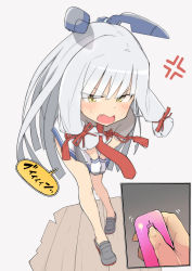 Rule 34 | 1girl, absurdres, anger vein, angry, black footwear, blush, controller, disembodied limb, dress, dress tug, eyes visible through hair, fang, female focus, full body, gloves, grey background, hair ornament, hair ribbon, headgear, highres, japanese text, kantai collection, long hair, looking at viewer, murakumo (kancolle), necktie, open mouth, own hands together, pussy juice, red necktie, red ribbon, remote control, remote control vibrator, ribbon, salpin, sex toy, shoes, short sleeves, silver hair, simple background, solo, standing, sweat, translation request, v arms, vibrator, white dress, white gloves