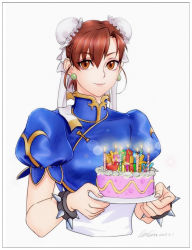 Rule 34 | 1girl, birthday cake, bracelet, brown eyes, brown hair, bun cover, cake, china dress, chinese clothes, chun-li, double bun, dress, earrings, food, gtolin chang, happy birthday, highres, jewelry, sash, short hair, smile, solo, spiked bracelet, spikes, street fighter, upper body