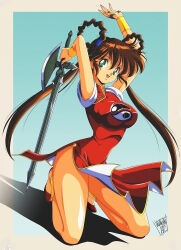 Rule 34 | 1990s (style), 1girl, bracelet, breasts, brown hair, china dress, chinese clothes, danmakuman, dress, green eyes, highres, holding, holding sword, holding weapon, jewelry, large breasts, long hair, mamono hunter youko, mano youko, pelvic curtain, red dress, red footwear, retro artstyle, shoes, solo, sword, twintails, weapon, yin yang