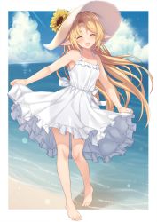 Rule 34 | 1girl, bare shoulders, barefoot, beach, blonde hair, blush, breasts, closed eyes, cloud, collarbone, commentary request, day, dress, elf, flower, hat, hat flower, highres, long hair, medium breasts, ocean, original, pointy ears, solo, sun hat, sundress, sunflower, takunomi, water, white dress