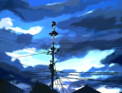 Rule 34 | 1girl, blue theme, cloud, day, female focus, hat, looking at viewer, on top of pole, outdoors, power lines, scenery, shameimaru aya, skirt, sky, solo, takanashi akihito, tokin hat, touhou, utility pole, wind