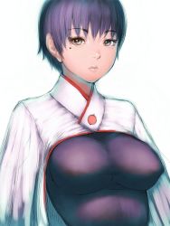 Rule 34 | 1girl, black eyes, blue hair, breasts, closed mouth, covered erect nipples, fumio (rsqkr), large breasts, lips, looking at viewer, mole, mole under eye, short hair, simple background, sketch, solo, upper body, white background