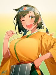 Rule 34 | 1girl, blew andwhite, blouse, blush, breasts, brown eyes, brown hair, cowboy shot, dated, female focus, flight deck, gloves, gradient background, green background, green hakama, hachimaki, hakama, hakama short skirt, hakama skirt, headband, highres, hiryuu (kancolle), hiryuu kai ni (kancolle), japanese clothes, kantai collection, kimono, large breasts, long sleeves, looking at viewer, one eye closed, one side up, open mouth, orange kimono, partially fingerless gloves, partly fingerless gloves, shirt, short hair, signature, skirt, smile, solo, two-tone background, wide sleeves, yellow background, yellow kimono, yugake