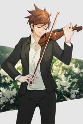 Rule 34 | 1girl, bad id, bad twitter id, black jacket, black pants, bow (music), brown hair, closed eyes, collared shirt, cowboy shot, dress shirt, instrument, jacket, legs apart, long sleeves, music, neosnim, overwatch, overwatch 1, pants, playing instrument, shirt, short hair, smile, solo, spiked hair, tracer (overwatch), violin, white shirt