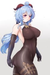 Rule 34 | 1girl, absurdres, ahoge, ass, bare shoulders, blue hair, bodysuit, breasts, elbow gloves, ganyu (genshin impact), genshin impact, gloves, goat horns, grey background, highres, horns, kanako 2.0, large breasts, leotard, long hair, pantyhose, purple eyes, shiny clothes, shiny skin, solo, thick thighs, thighs, very long hair, walking, white background