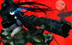 Rule 34 | 10s, 1girl, arm cannon, bad id, bad pixiv id, bikini, bikini top only, black hair, black rock shooter, black rock shooter (character), blue eyes, boots, coat, dead master, glowing, glowing eyes, highres, long hair, midriff, navel, pale skin, red background, scar, shorts, silhouette, skull, solo, swimsuit, sword, tomono rui, twintails, very long hair, weapon