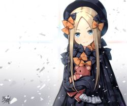 Rule 34 | 1girl, abigail williams (fate), black bow, black dress, black hat, blonde hair, blue eyes, blush, bow, closed mouth, commentary request, diffraction spikes, dress, fate/grand order, fate (series), forehead, frilled sleeves, frills, gradient background, hair bow, hat, hugging doll, hugging object, long hair, long sleeves, looking at viewer, miko fly, orange bow, parted bangs, polka dot, polka dot bow, signature, sleeves past fingers, sleeves past wrists, smile, solo, stuffed animal, stuffed toy, teddy bear, top hat, upper body, v-shaped eyebrows, white background