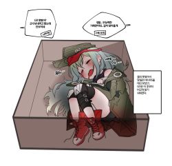 Rule 34 | 1girl, black scarf, black shorts, box, coat, commentary, drooling, g11 (girls&#039; frontline), girls&#039; frontline, green headwear, green jacket, jacket, knee pads, long hair, messy hair, mogijabgo, open clothes, open coat, red footwear, scarf, scarf on head, shorts, sleeping, solo, translation request, x-ray