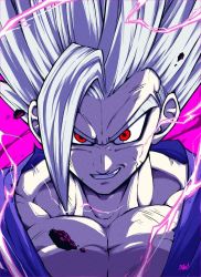 Rule 34 | 1boy, dragon ball, dragon ball super, dragon ball super super hero, electricity, gohan beast, grey hair, grin, liedein, looking at viewer, male focus, red eyes, smile, solo, son gohan, spiked hair, spoilers, upper body, white hair