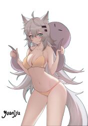 Rule 34 | 1girl, absurdres, ahoge, animal ears, arknights, bare arms, bare shoulders, bikini, blue eyes, commentary request, cowboy shot, grey hair, hair between eyes, hair ornament, hairclip, hands up, highres, lappland (arknights), long hair, looking at viewer, navel, octopus, simple background, smile, solo, standing, stomach, swimsuit, tail, thighs, very long hair, white background, wolf ears, wolf tail, yellow bikini, yuanjya