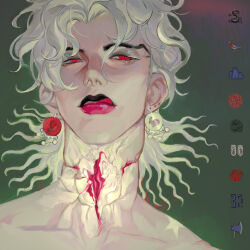 Rule 34 | 1boy, absurdres, alternate color, ashva, birthmark, black lips, blood, commentary request, dio brando, earrings, eyeshadow, highres, jewelry, joestar birthmark, jojo no kimyou na bouken, licking lips, lipstick, long hair, looking away, makeup, male focus, mole, mole on ear, muscular, muscular male, pink lips, red eyes, solo, stardust crusaders, tongue, tongue out, white hair